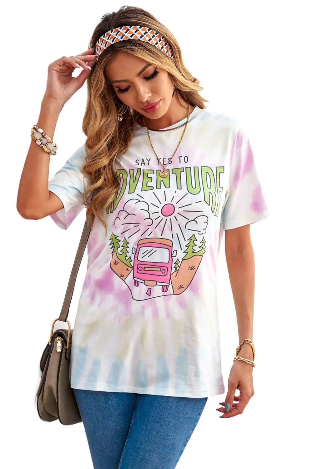 ADVENTURE AWAITS Tie-dye Print T-shirt