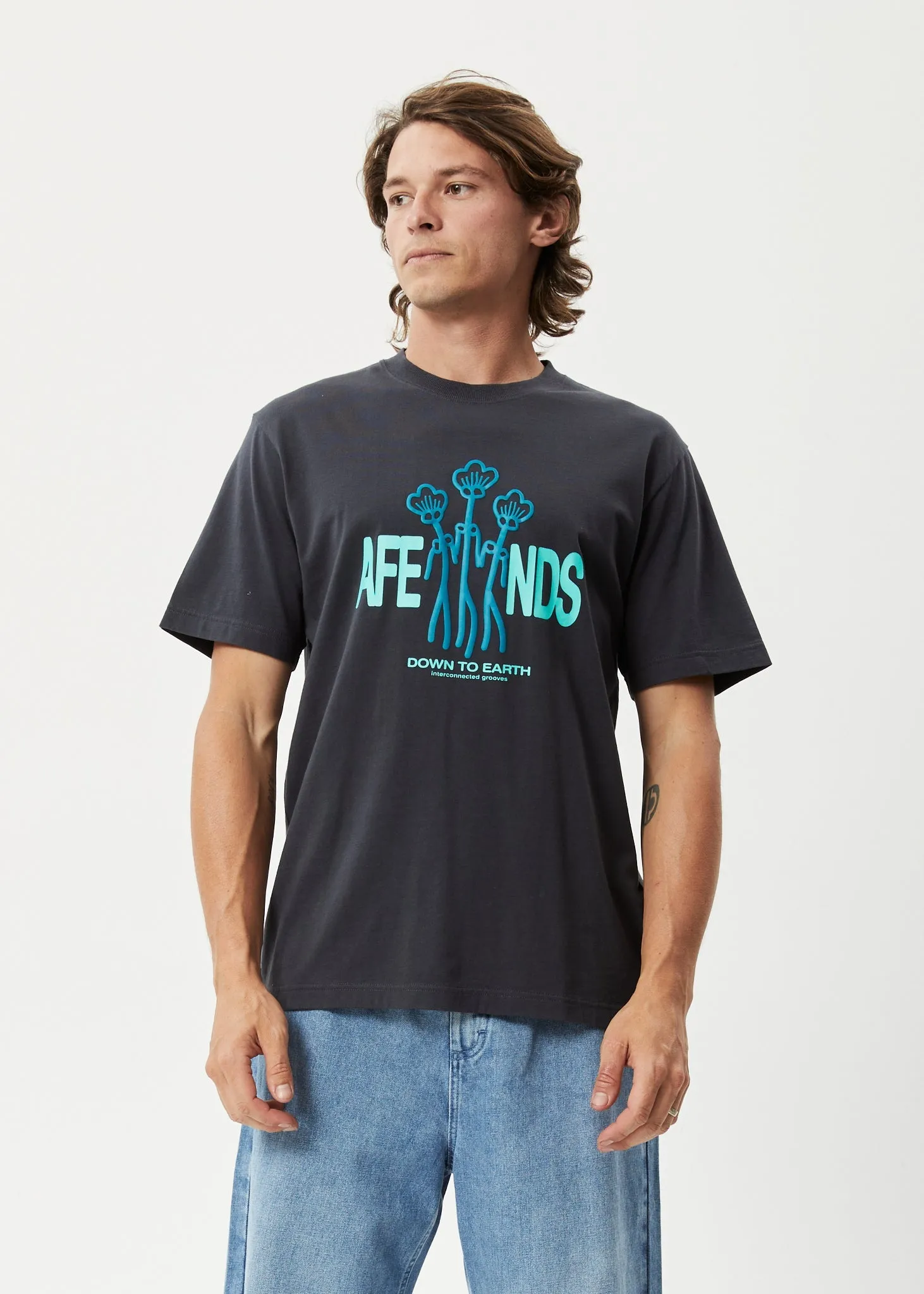 AFENDS Mens Grooves - Retro Graphic T-Shirt - Charcoal