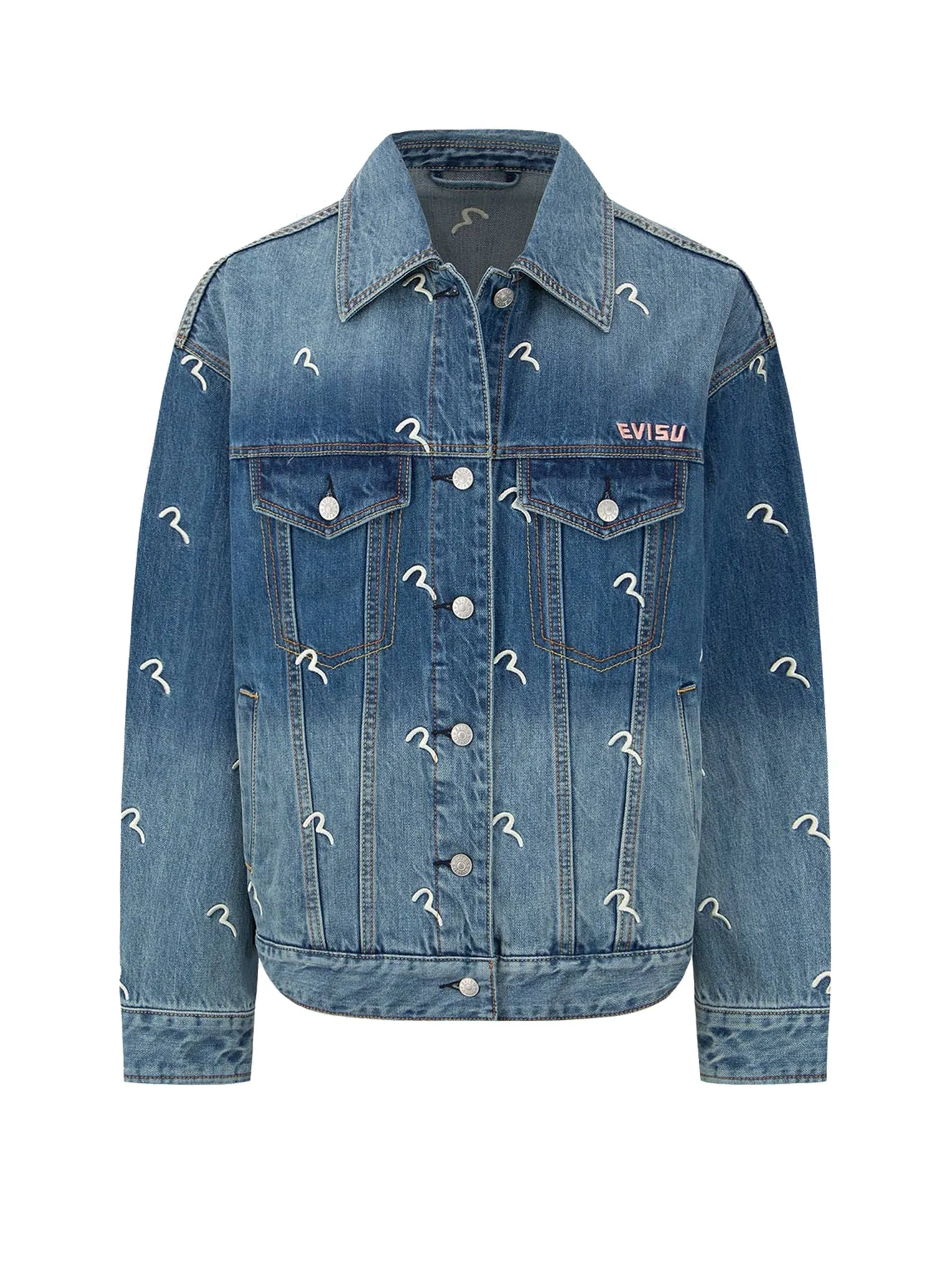 Allover Seagull Embroidery Denim Jacket