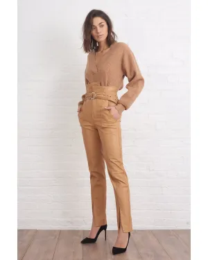 Anniston Split Hem Leather Pant in Fawn