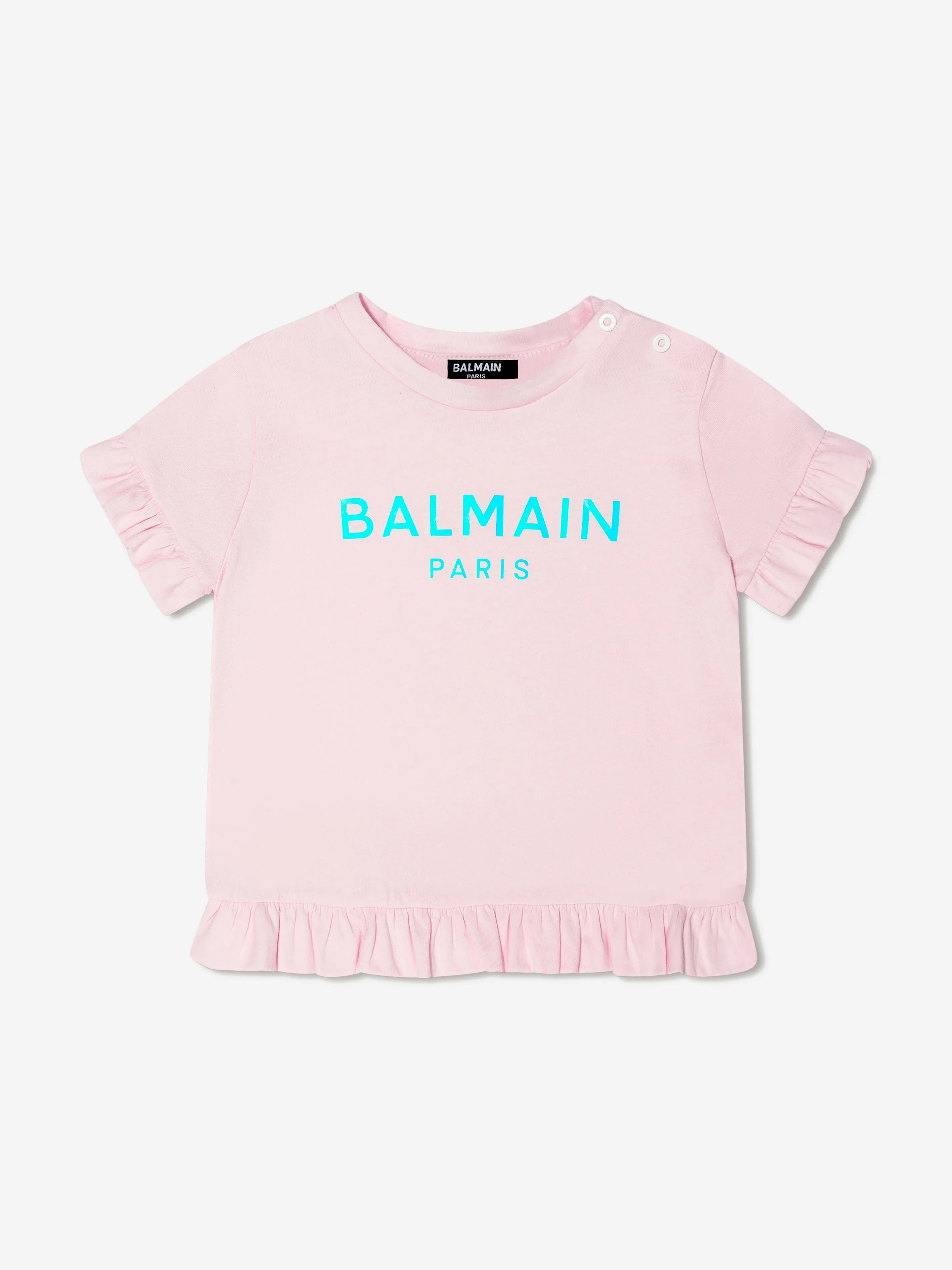 Balmain Baby Girls Logo Ruffle T-Shirt in Pink