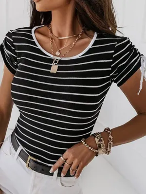 Black and White Striped Drawstring Sleeve Tee with Contrast Neckline