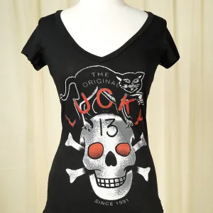 Black Cat Skull V Neck T Shirt