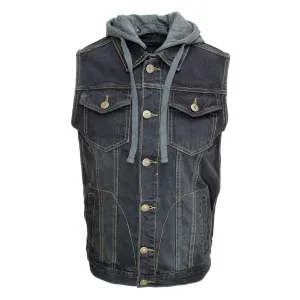 Black Washed Denim Battle Vest w/ Detachable Hoodie