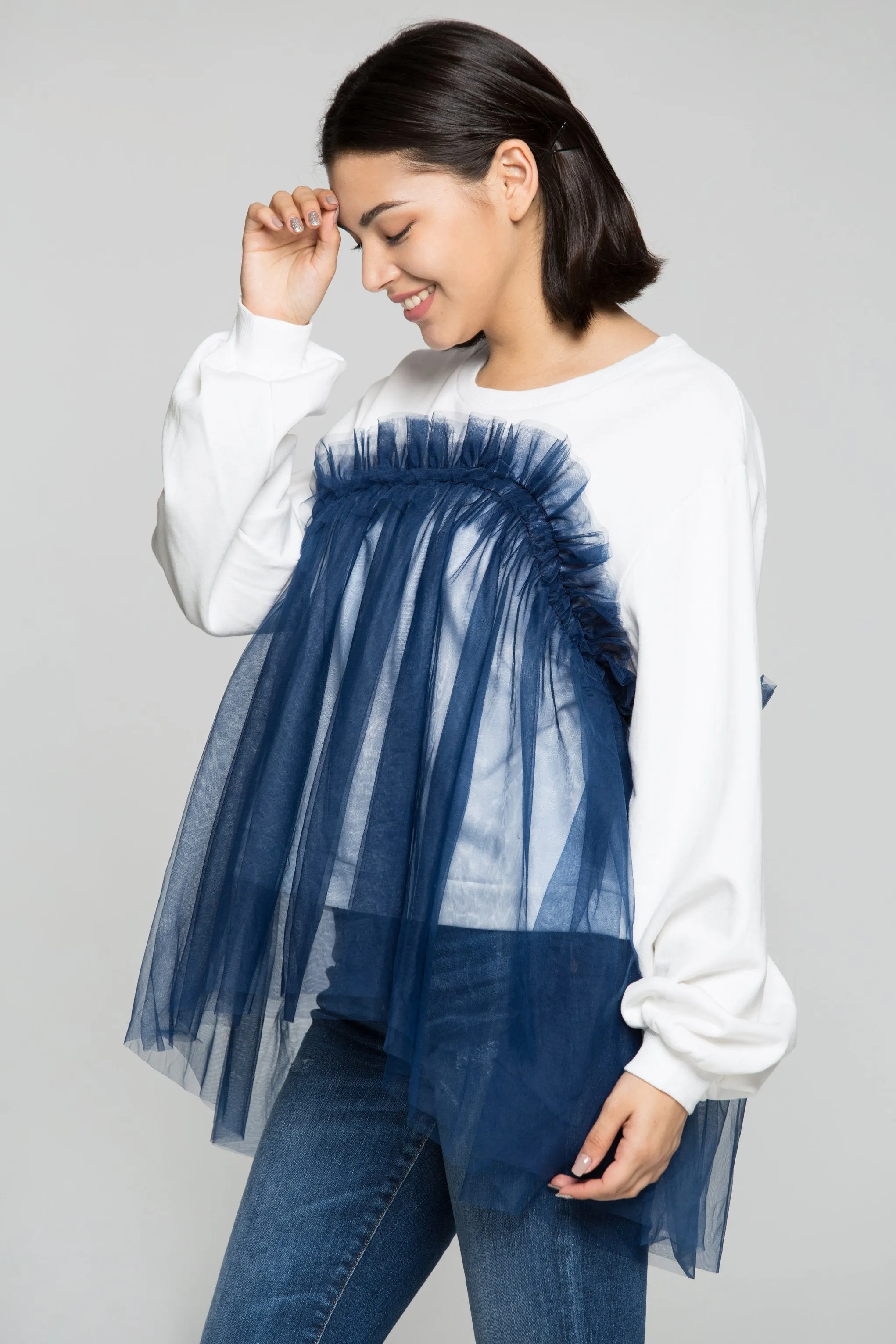 Blue Fringe Sheer on White T-Shirt Top