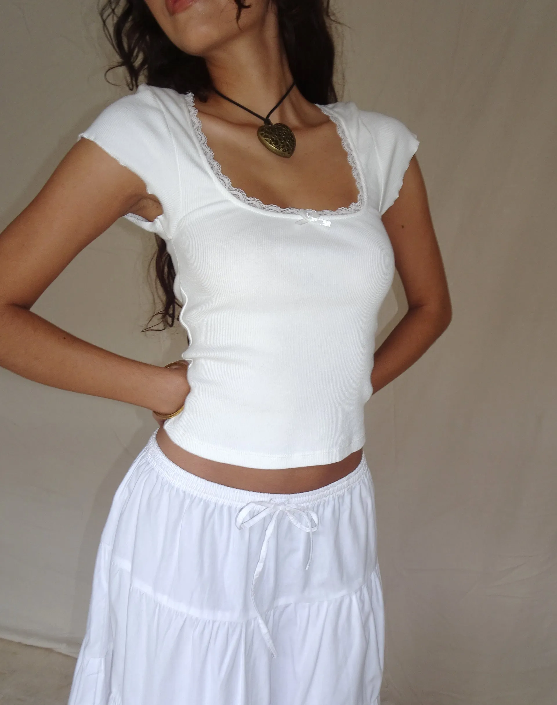 Bovillo Lace Trim Tee in Ribbed Off White