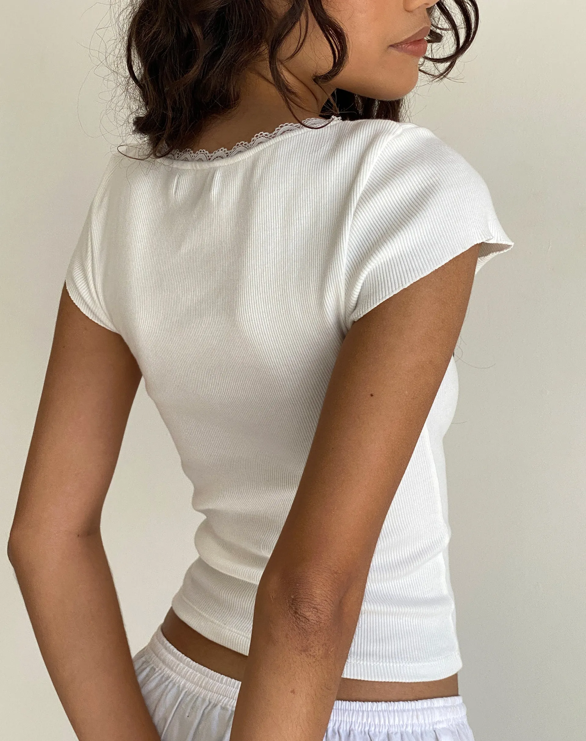 Bovillo Lace Trim Tee in Ribbed Off White