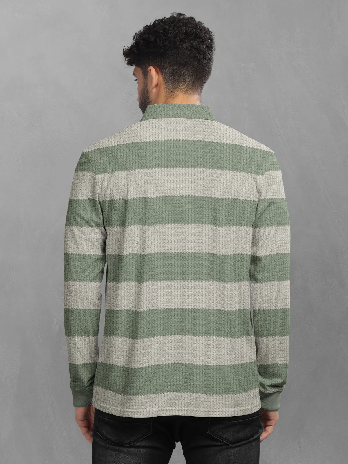 BULLMER Sea Green Striped Textured Printed Polo Neck FullSleeve T-shirt With Rib For Men