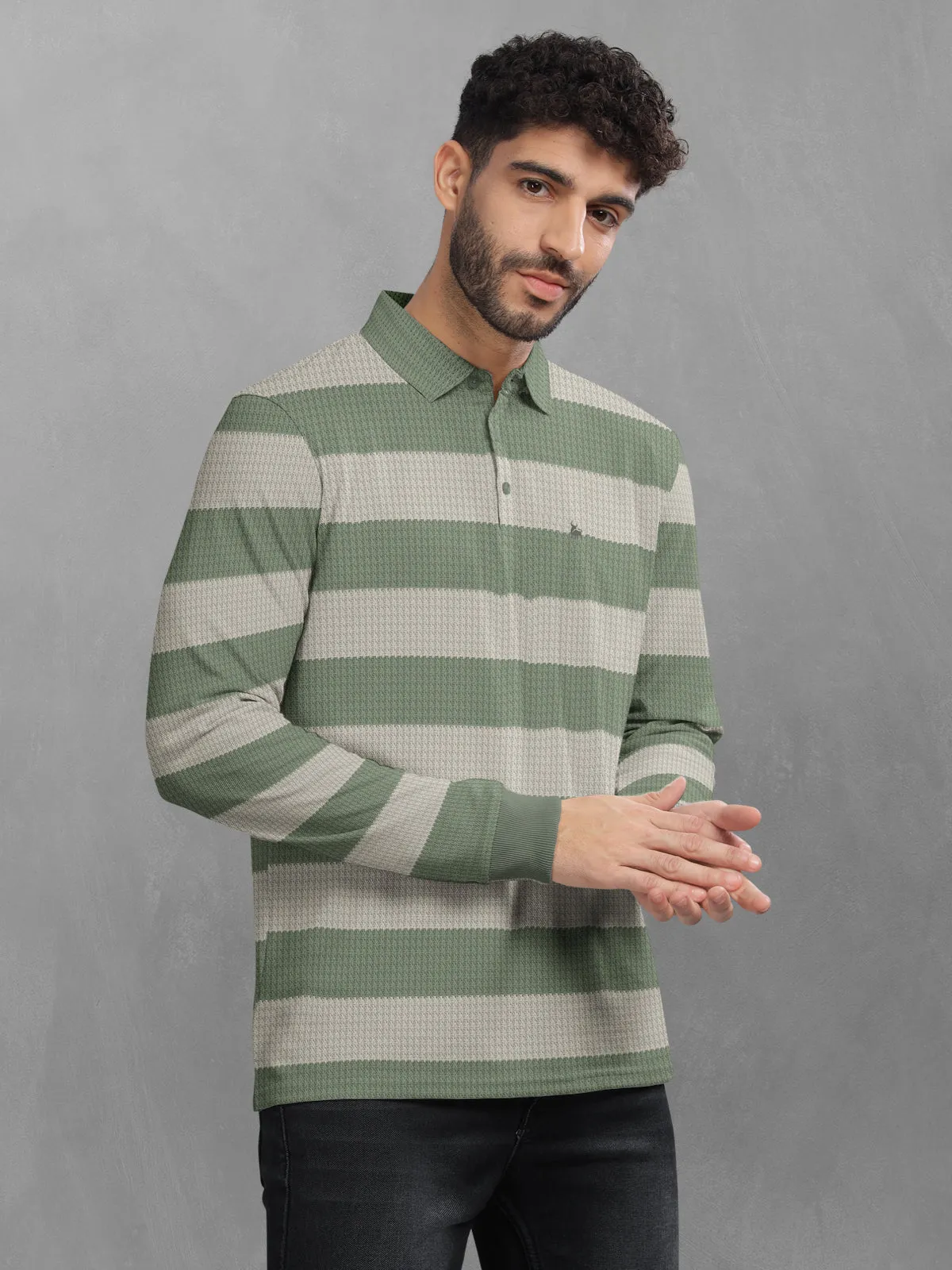 BULLMER Sea Green Striped Textured Printed Polo Neck FullSleeve T-shirt With Rib For Men