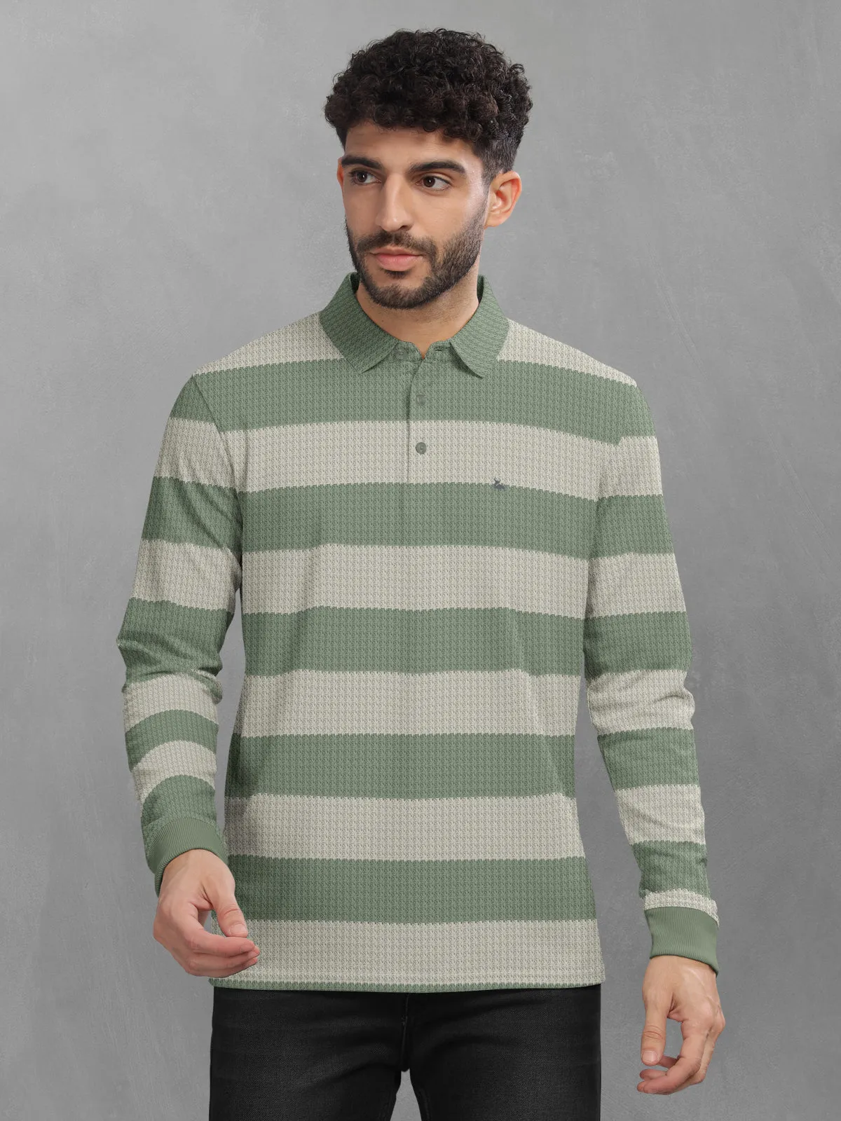 BULLMER Sea Green Striped Textured Printed Polo Neck FullSleeve T-shirt With Rib For Men