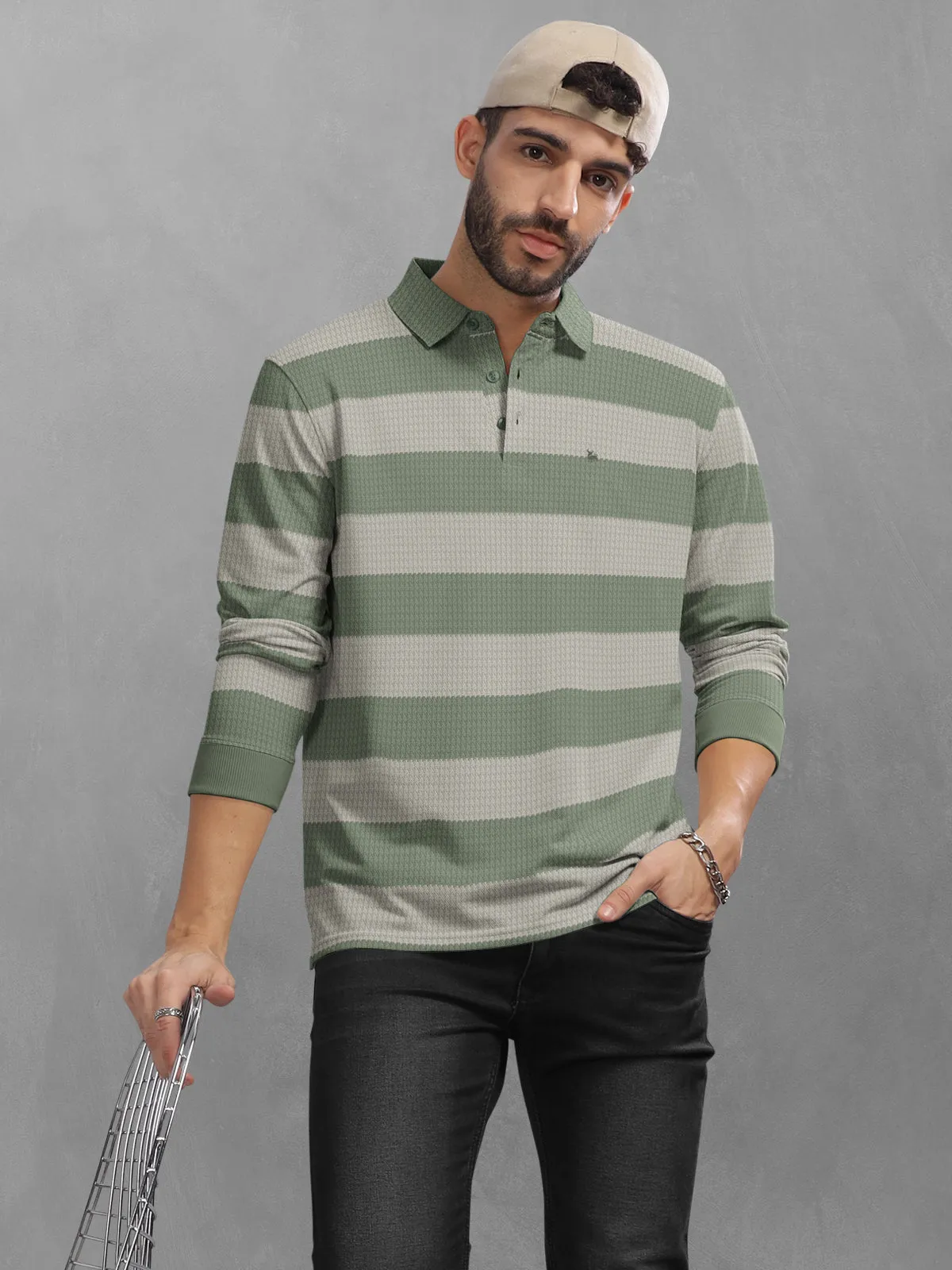 BULLMER Sea Green Striped Textured Printed Polo Neck FullSleeve T-shirt With Rib For Men