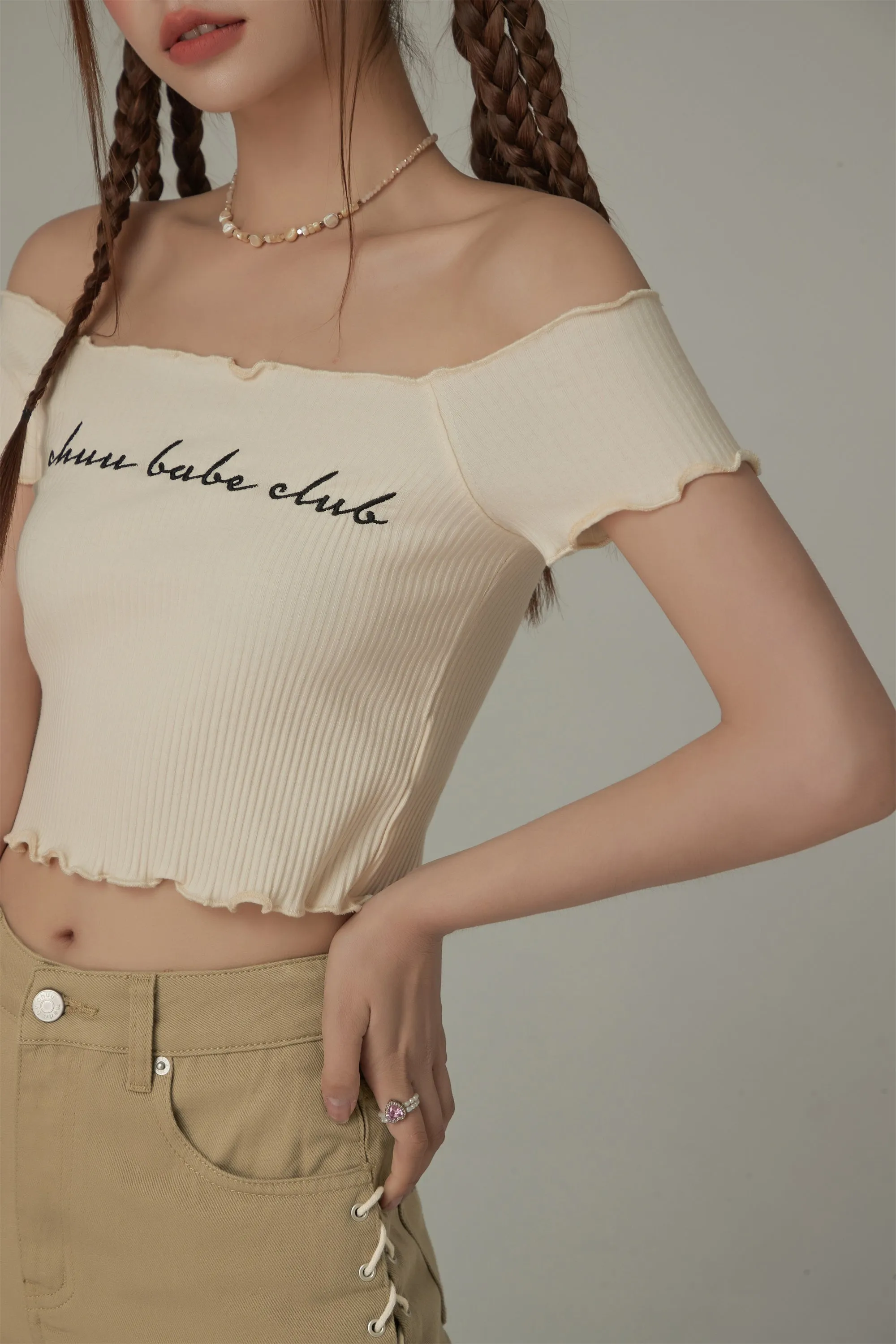 Chuu Babe Club Ruffled Off-The-Shoulder T-Shirt