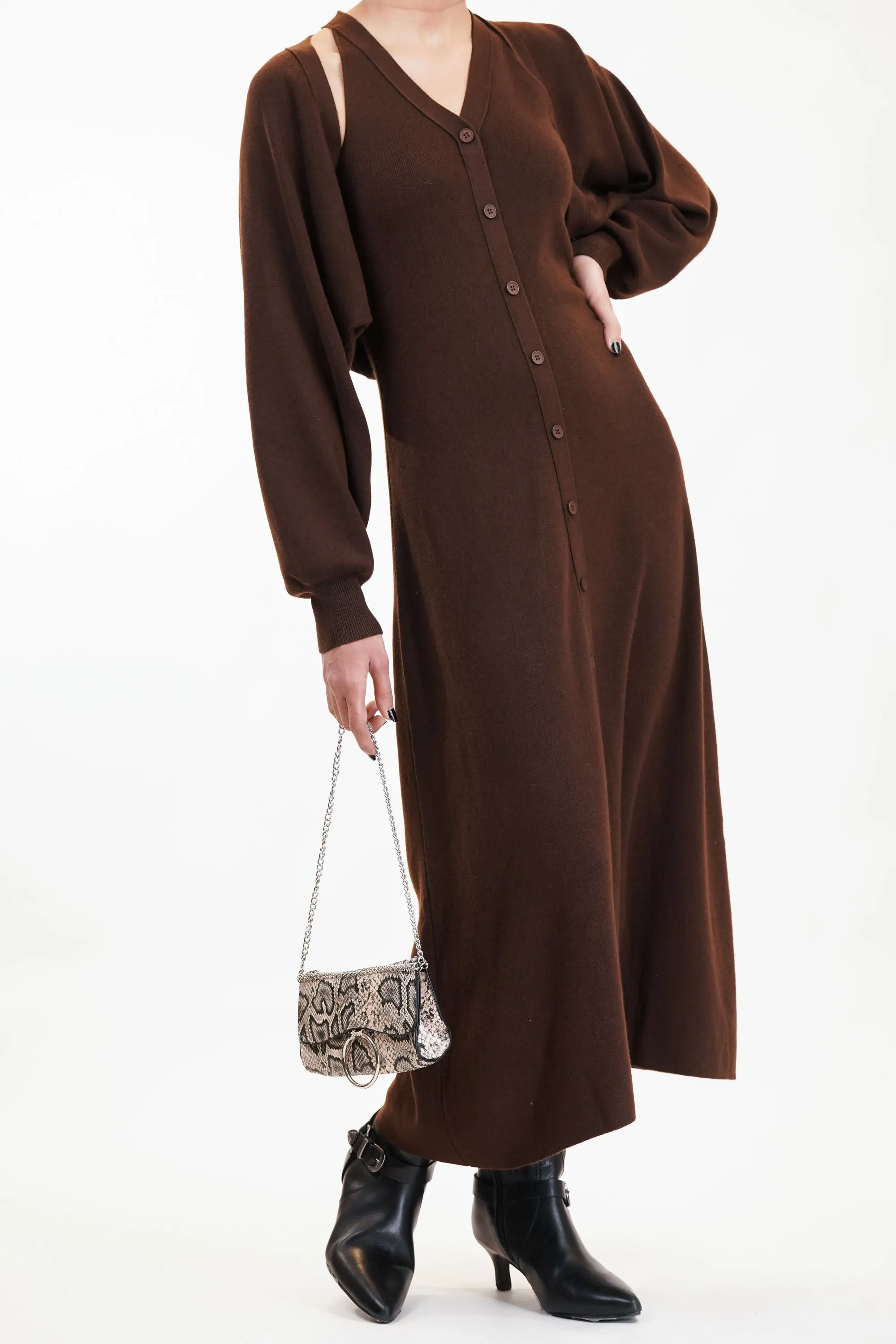 Deep Brown Knitted Dress And Short Jacket