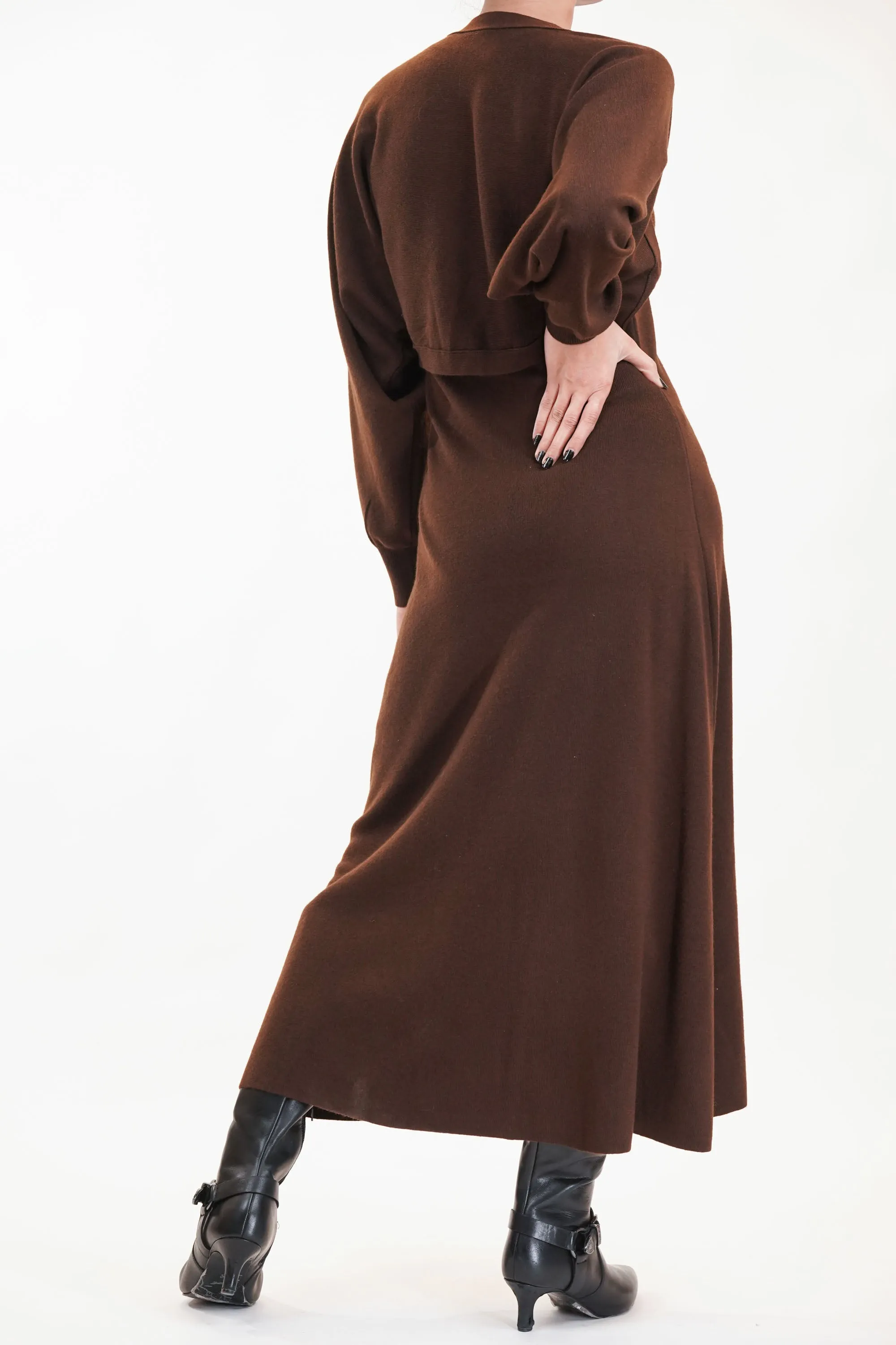 Deep Brown Knitted Dress And Short Jacket