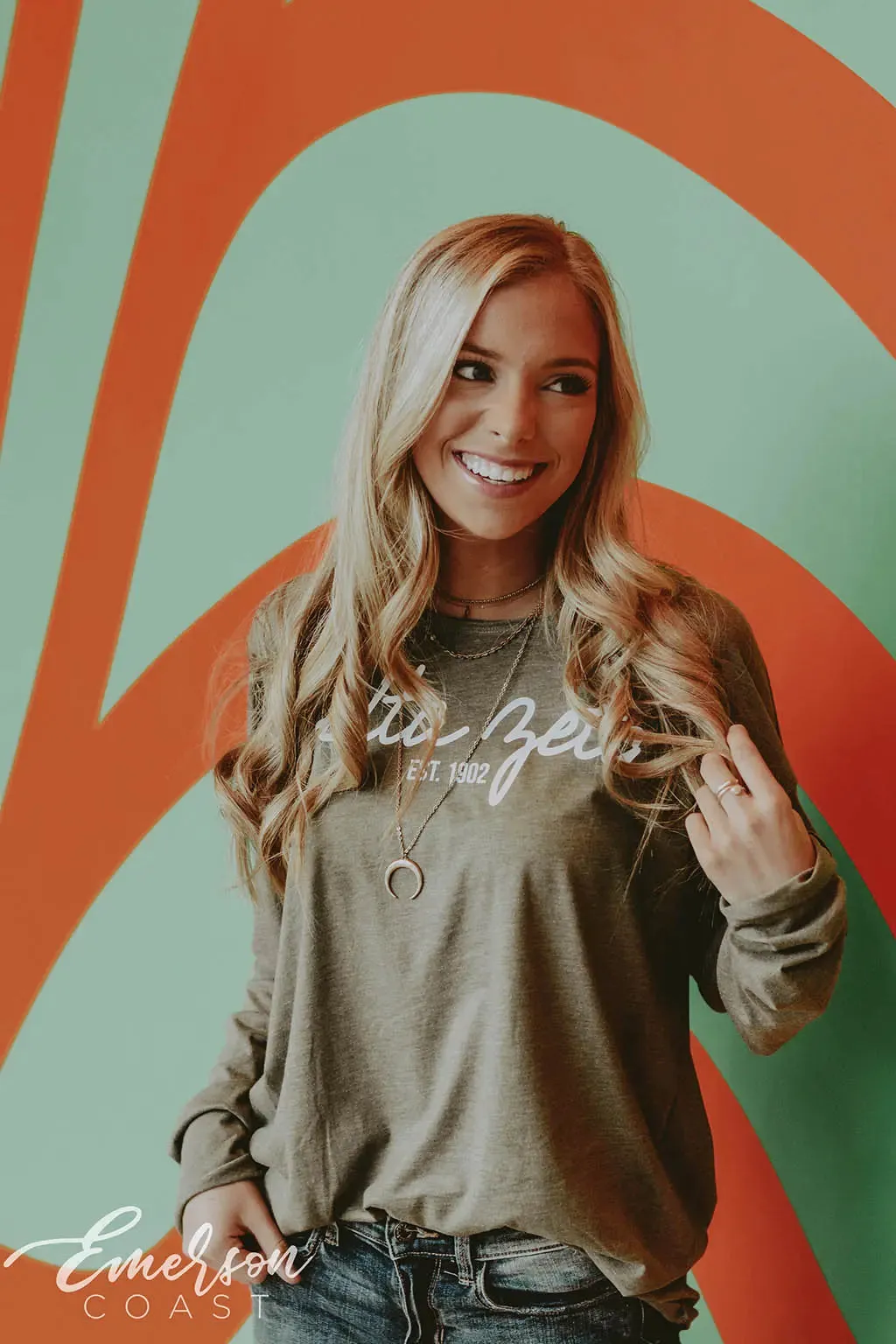 Delta Zeta Olive Raw Neck Long Sleeve Tee