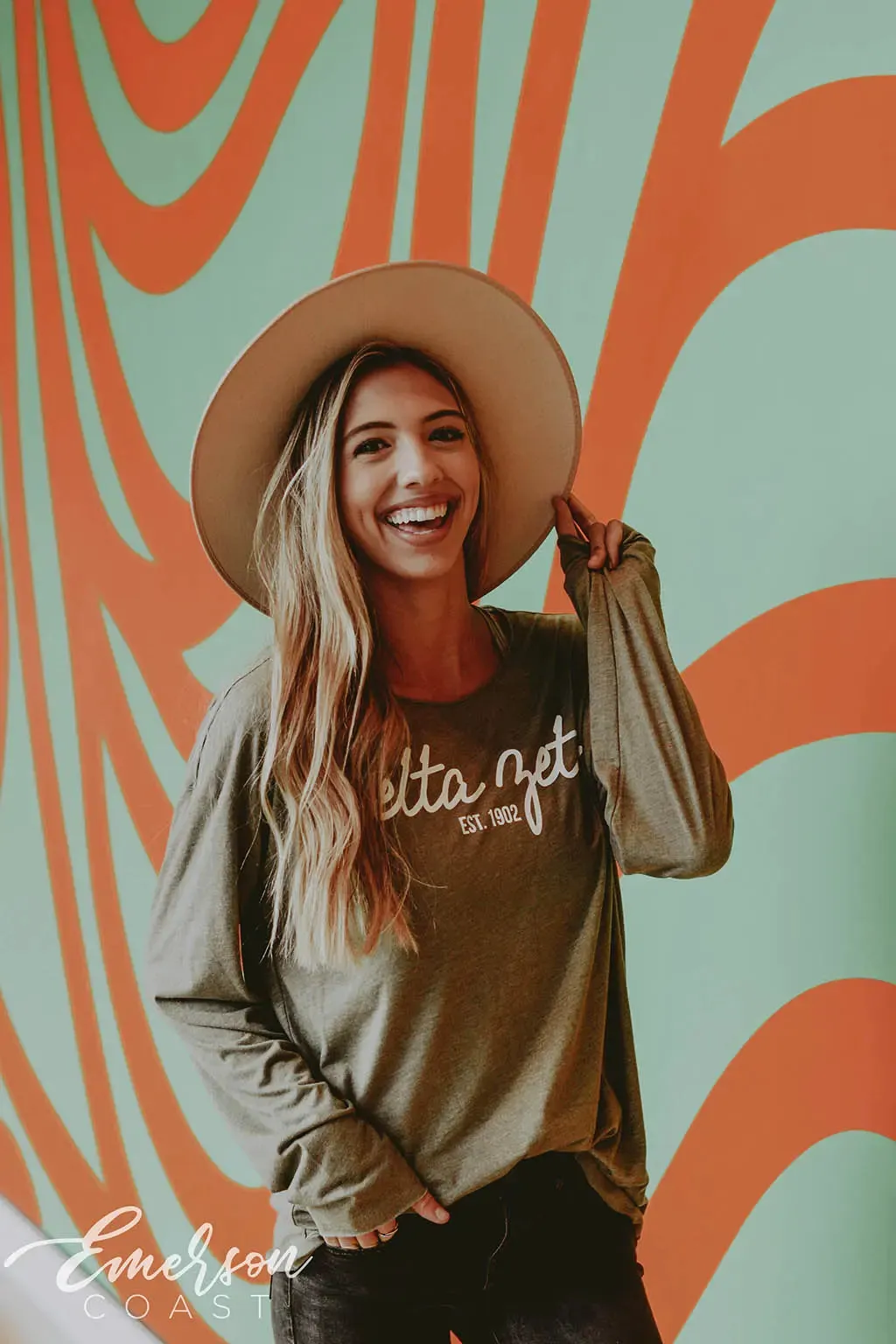 Delta Zeta Olive Raw Neck Long Sleeve Tee