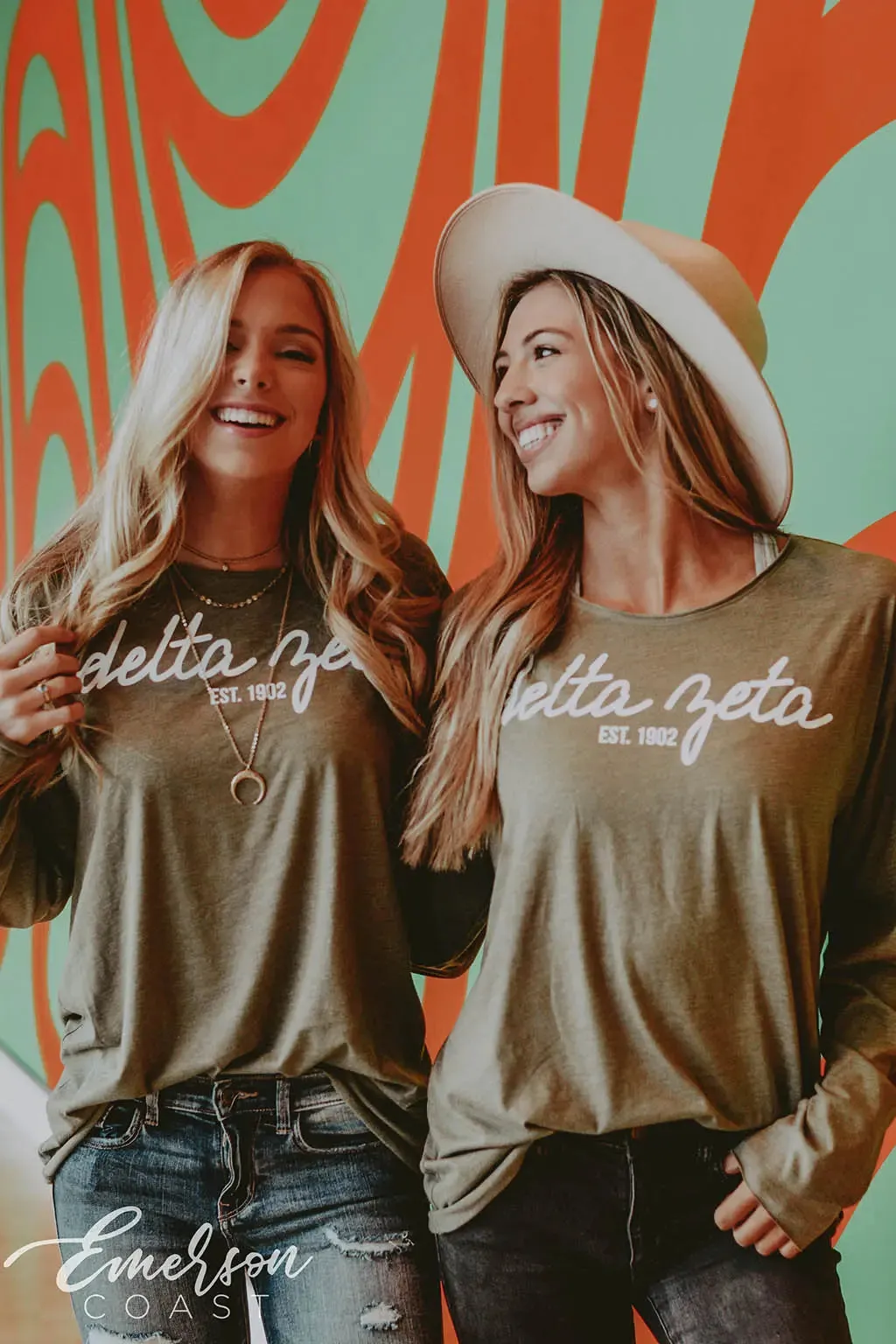 Delta Zeta Olive Raw Neck Long Sleeve Tee