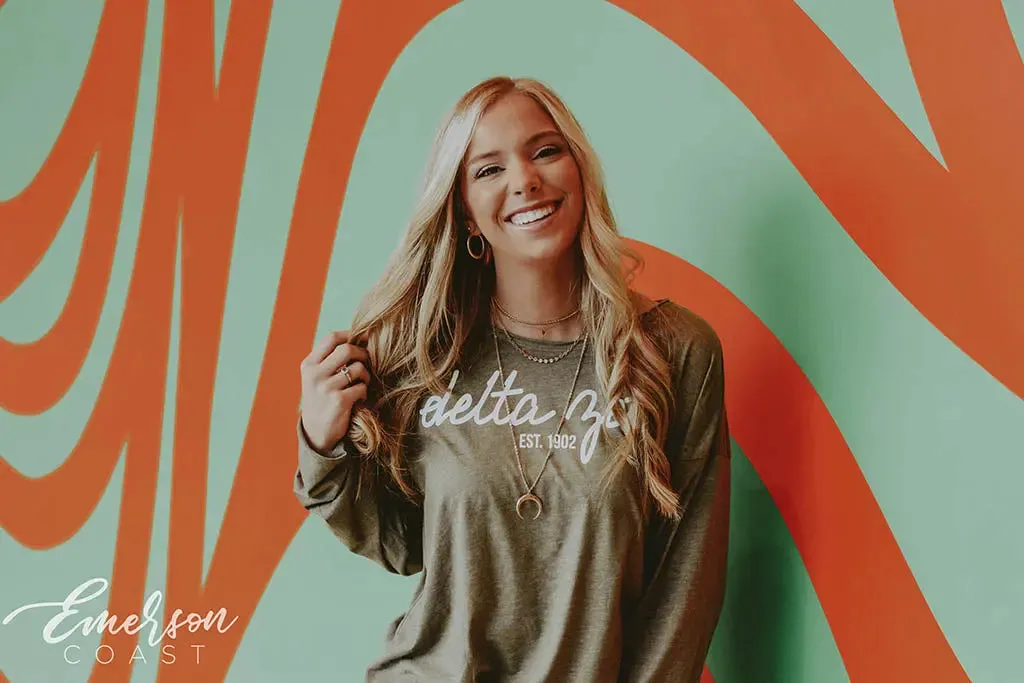 Delta Zeta Olive Raw Neck Long Sleeve Tee