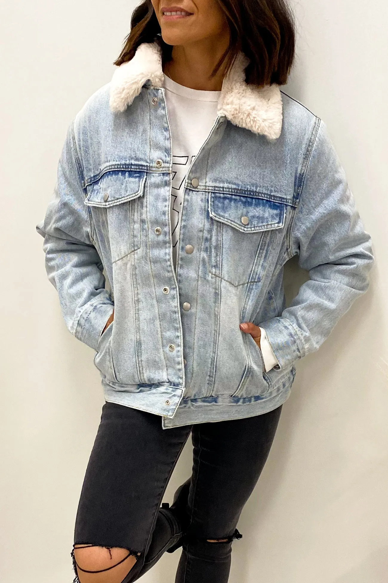 Denim Faux Fur Jacket Classic Blue