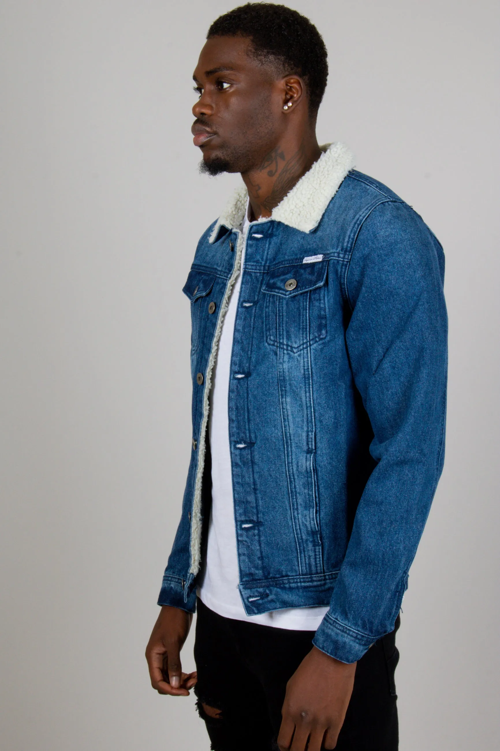 Denim Jacket with Borg Collar in Dark Indigo