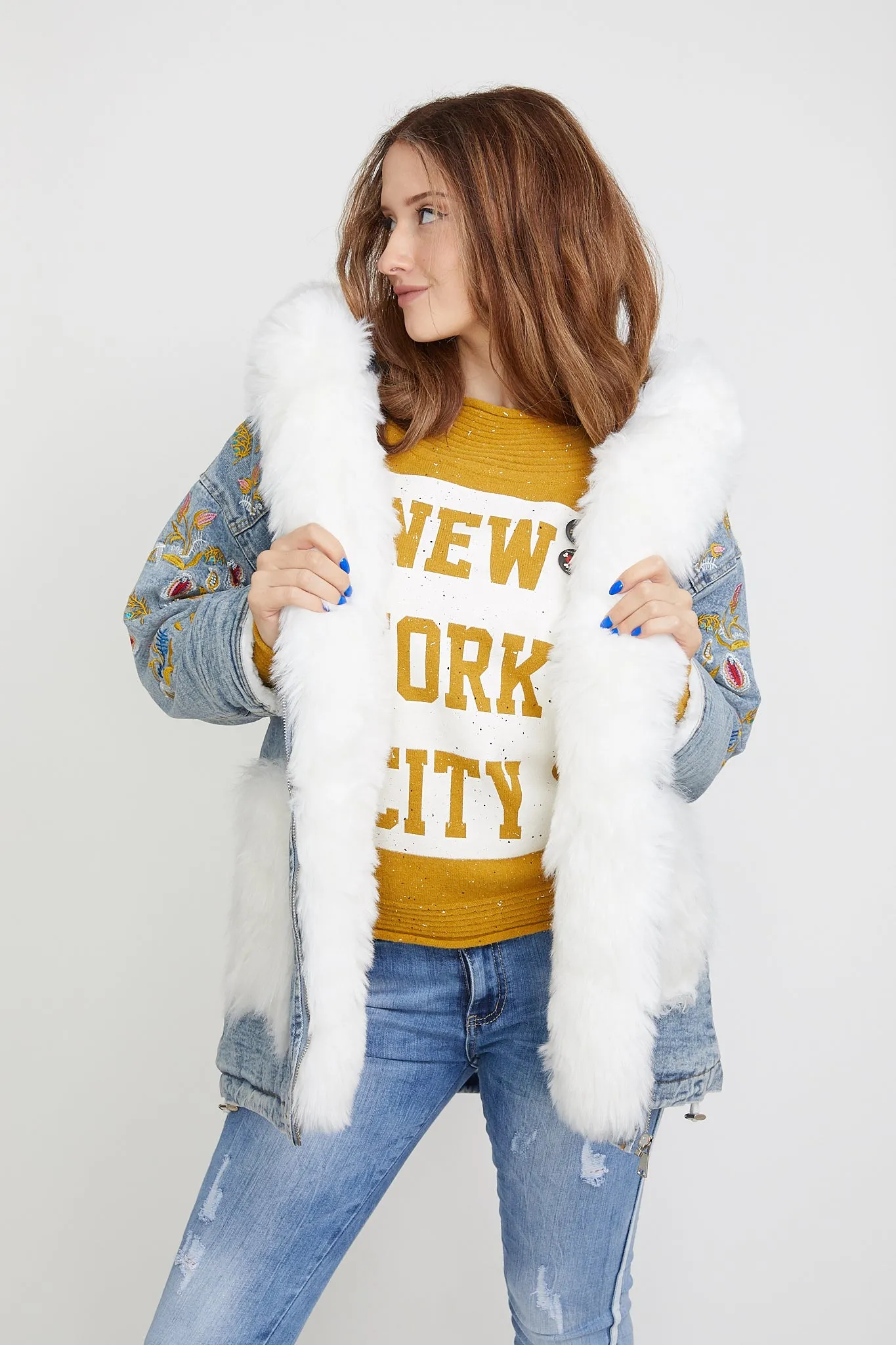 Denim Jacket with Faux Fur Collar and Gold Embroidered Flowers on Sleeves