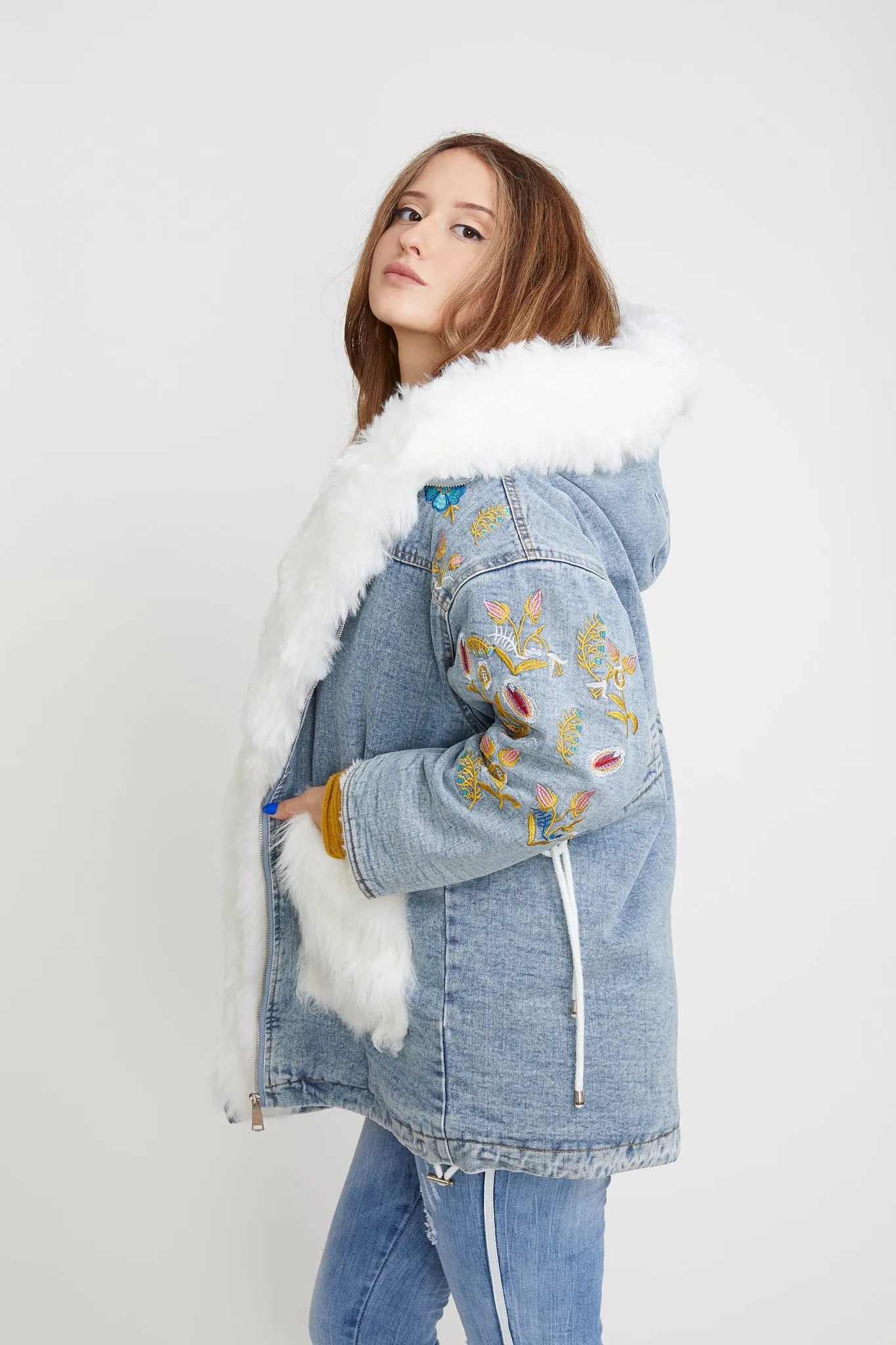 Denim Jacket with Faux Fur Collar and Gold Embroidered Flowers on Sleeves