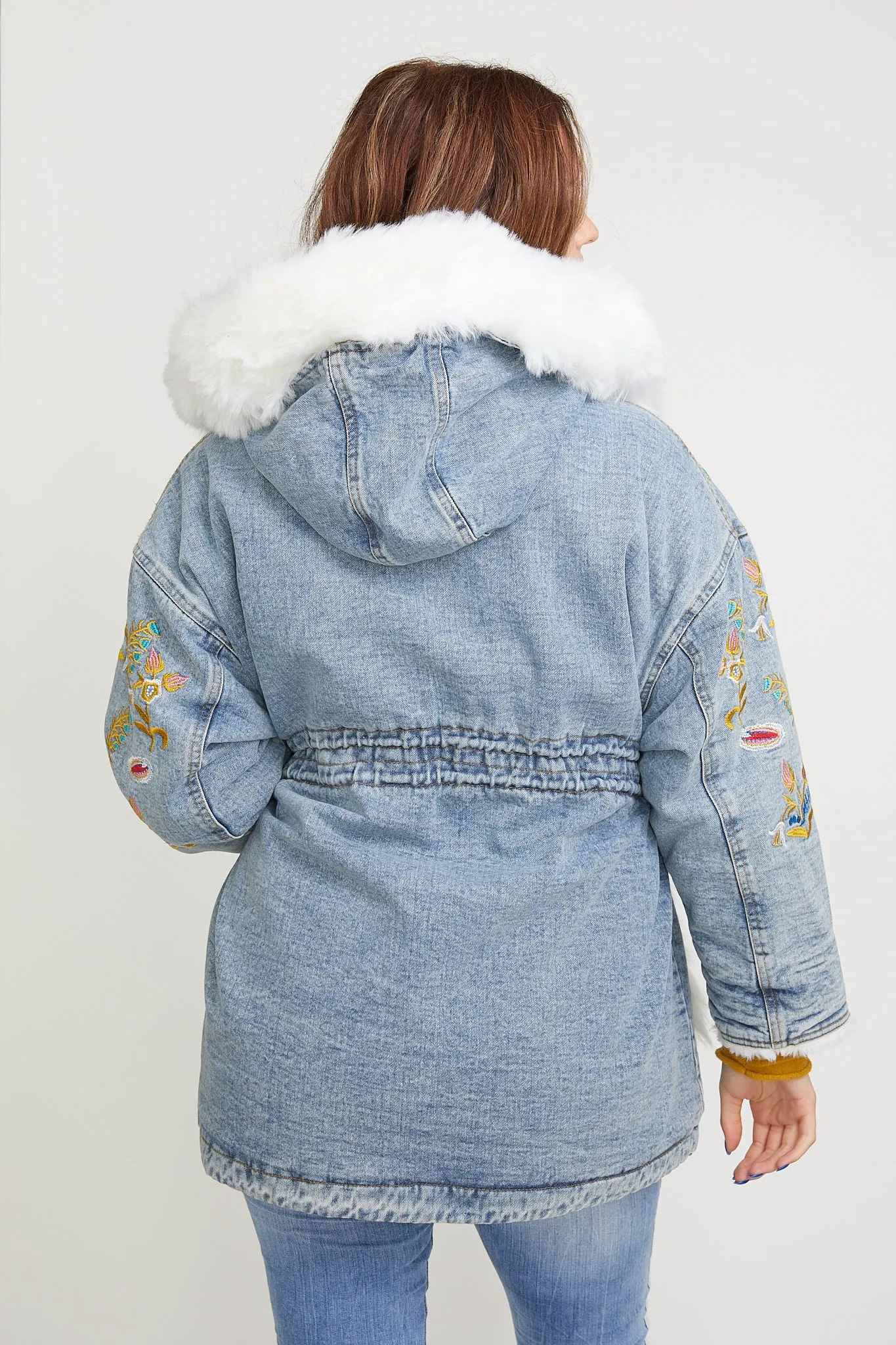 Denim Jacket with Faux Fur Collar and Gold Embroidered Flowers on Sleeves