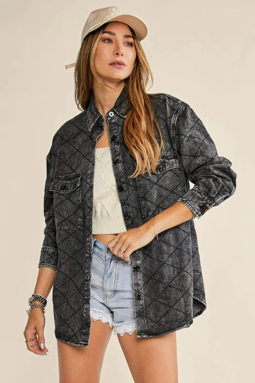 Denim Quilt Stitch Jacket-Plus Size Black Denim