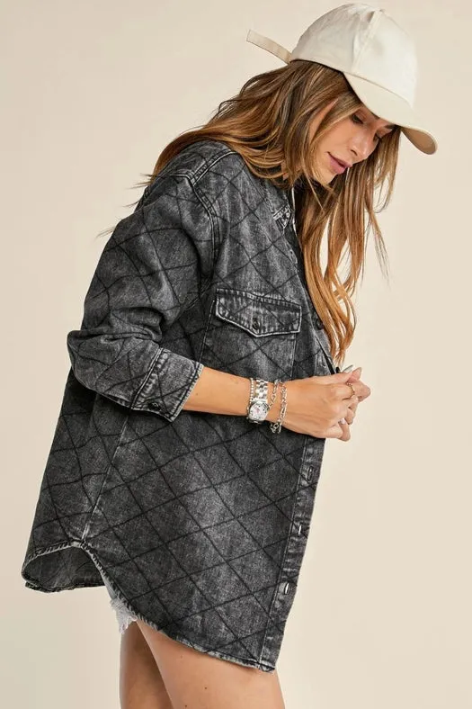 Denim Quilt Stitch Jacket-Plus Size Black Denim