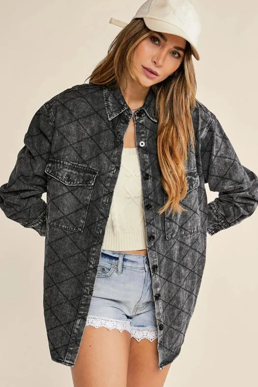 Denim Quilt Stitch Jacket-Plus Size Black Denim