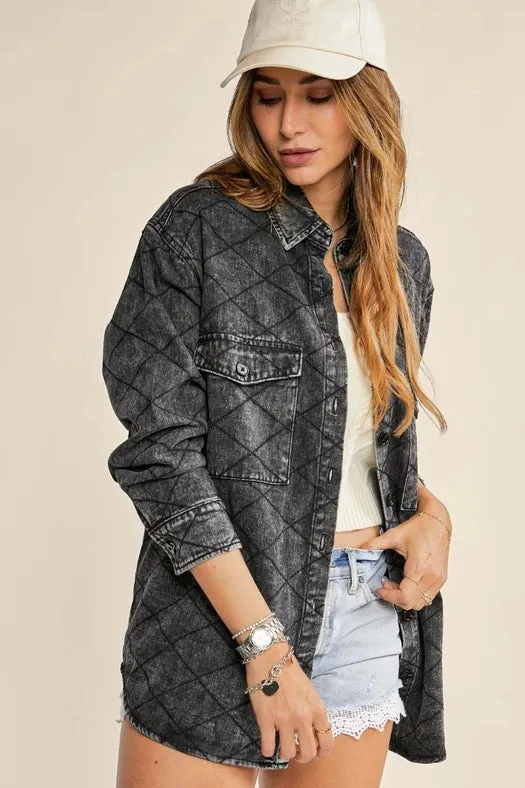 Denim Quilt Stitch Jacket-Plus Size Black Denim