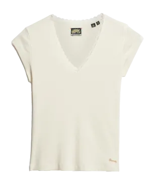 Essential Lace Trim V-Neck T-Shirt in Off White