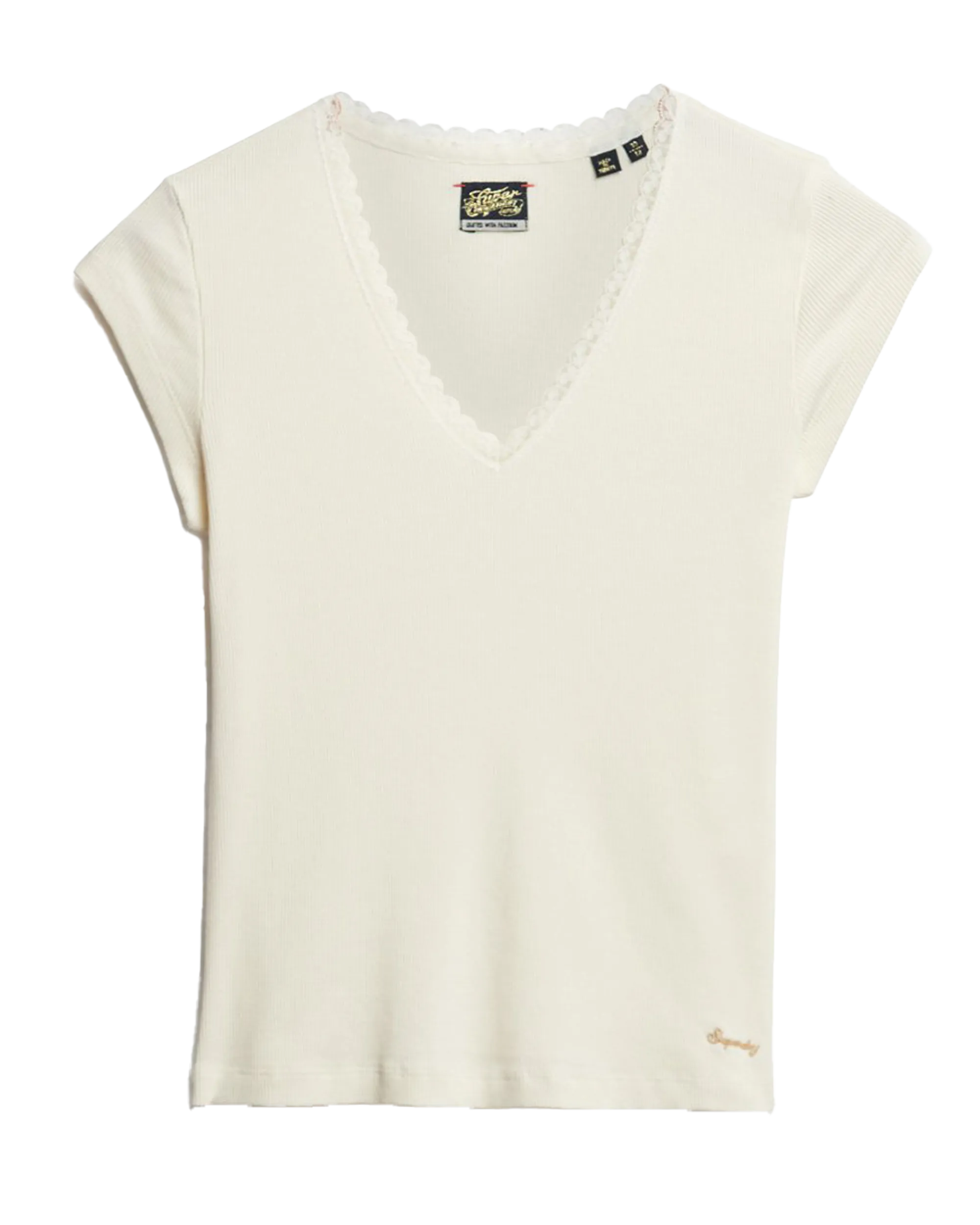 Essential Lace Trim V-Neck T-Shirt in Off White