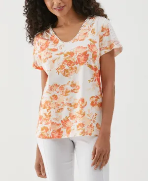 Floral Print Dot Trim Tee