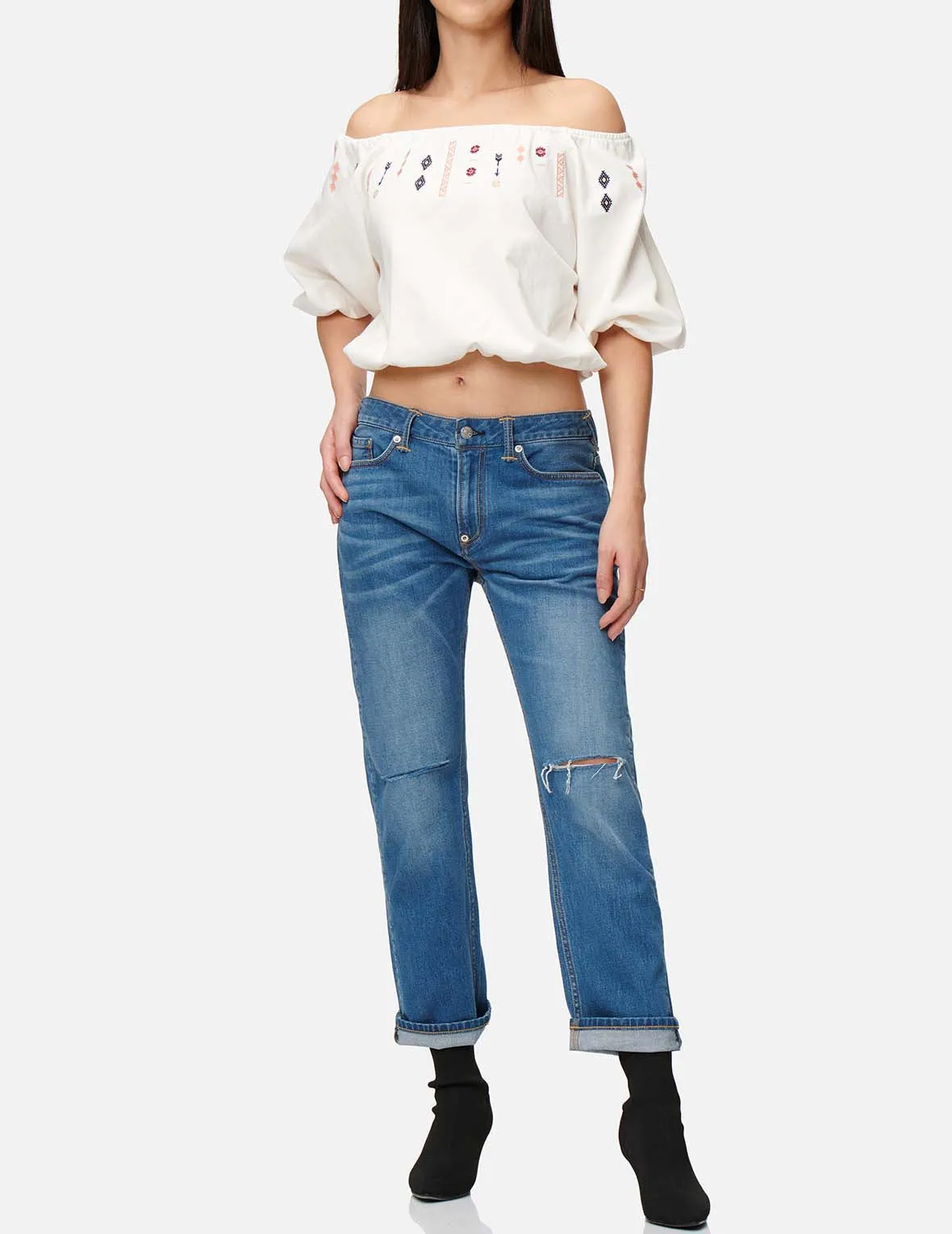 Folklore Pattern Embroidered Denim Blouse