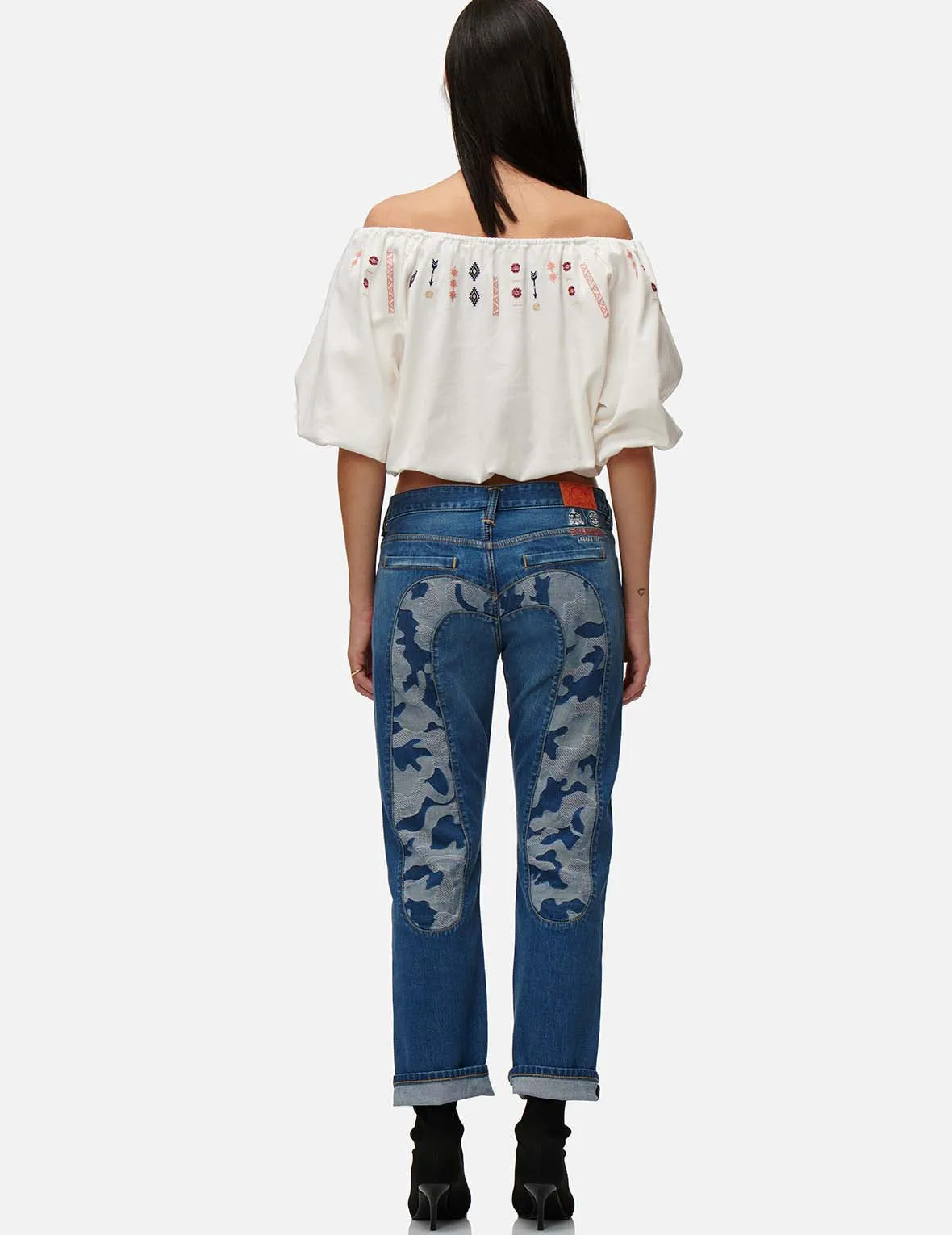 Folklore Pattern Embroidered Denim Blouse