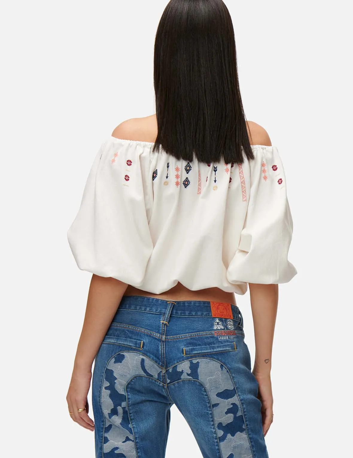 Folklore Pattern Embroidered Denim Blouse