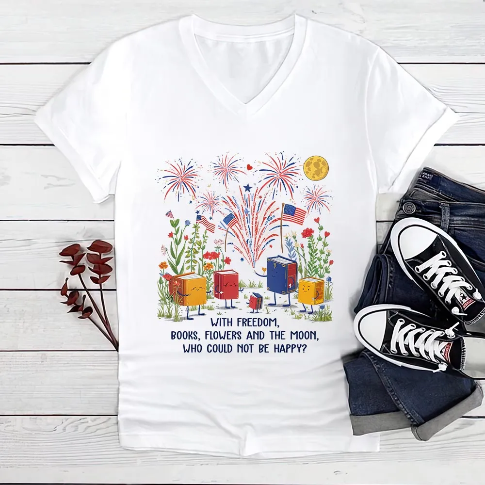 Freedom Books Flower And The Moon Book Lovers Gift Women's V-neck T-shirt TSVW555