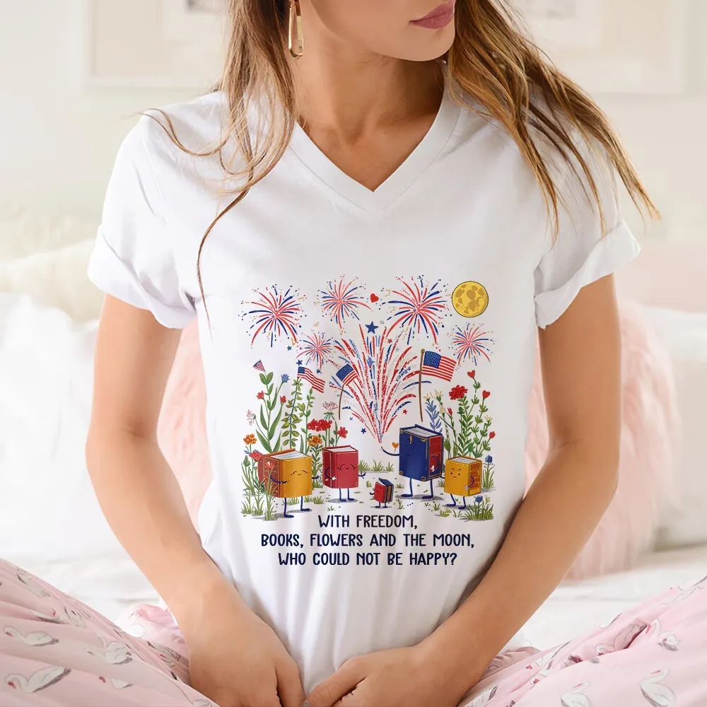 Freedom Books Flower And The Moon Book Lovers Gift Women's V-neck T-shirt TSVW555