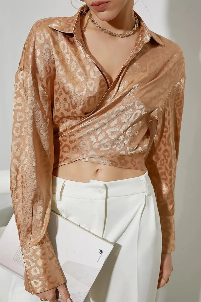 Gold Leopard Print Satin Wrap Crop Shirt