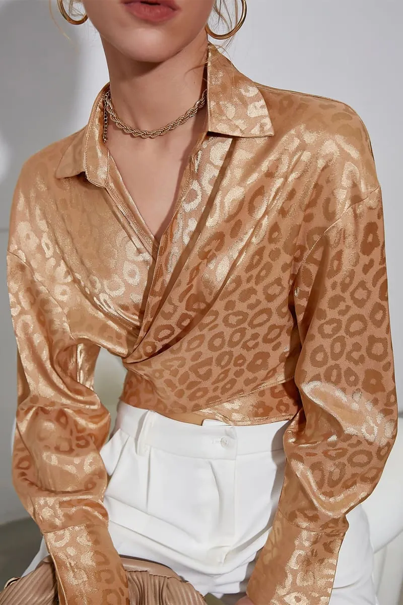 Gold Leopard Print Satin Wrap Crop Shirt