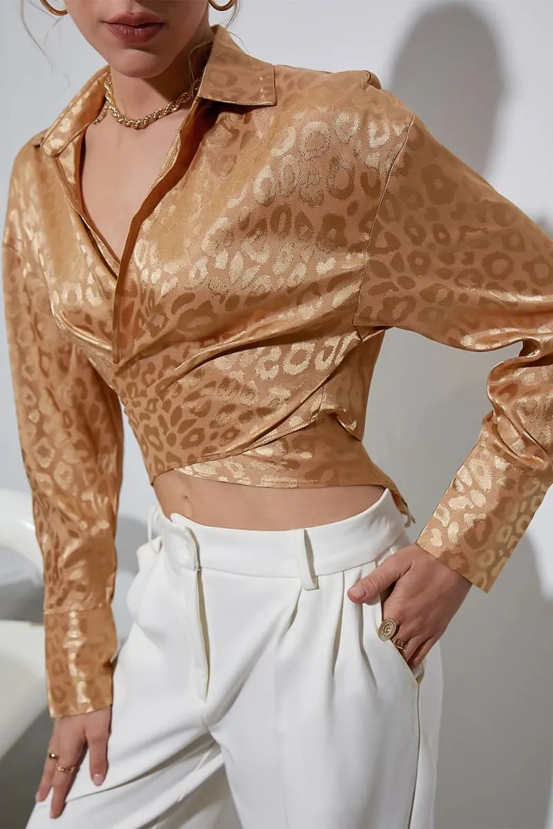 Gold Leopard Print Satin Wrap Crop Shirt