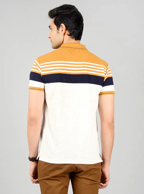 Grey & Yellow Striped Slim Fit Polo T-shirt | Greenfibre