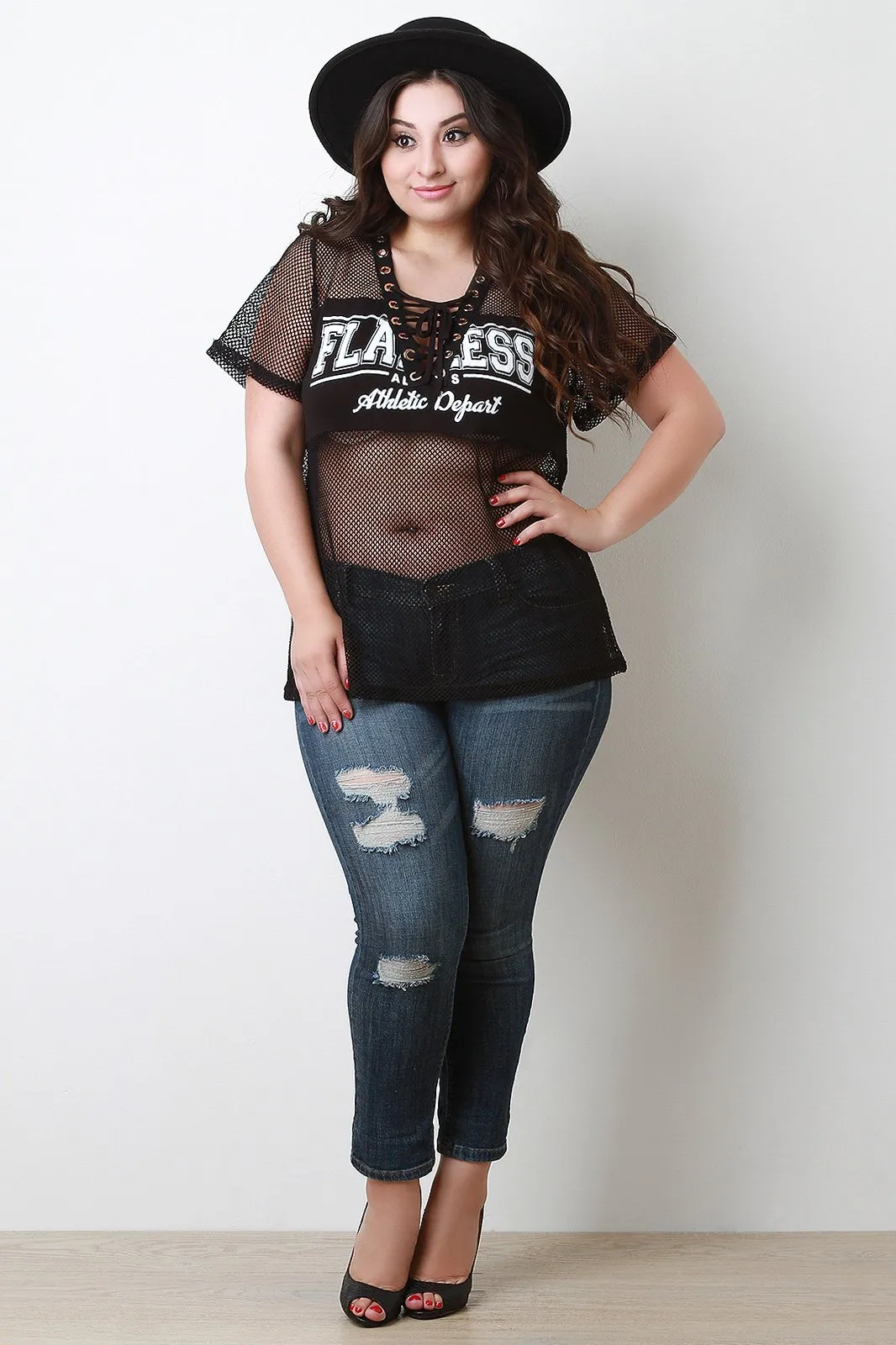 Grommet Lace Up Open-Mesh Graphic Tee