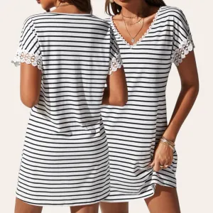 HAMPTONS Lace Trim Stripes Tee Dress