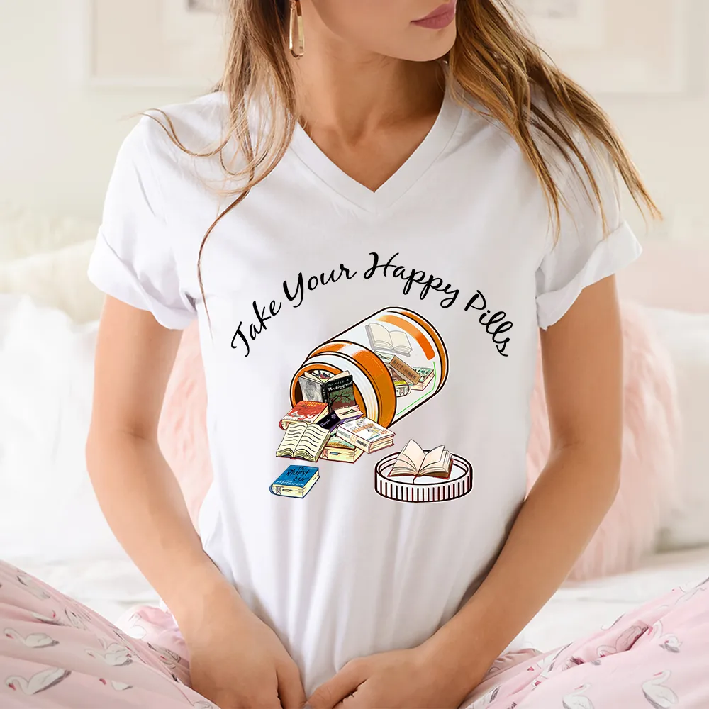 Happy Pills Book Lovers Gift Women's V-neck T-shirt TSVW369