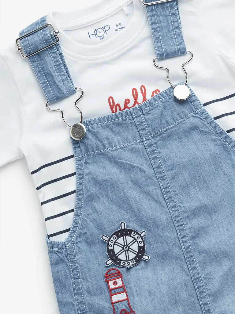 HOP Baby Blue Denim Dungaree & White Striped Cotton T-Shirt Set