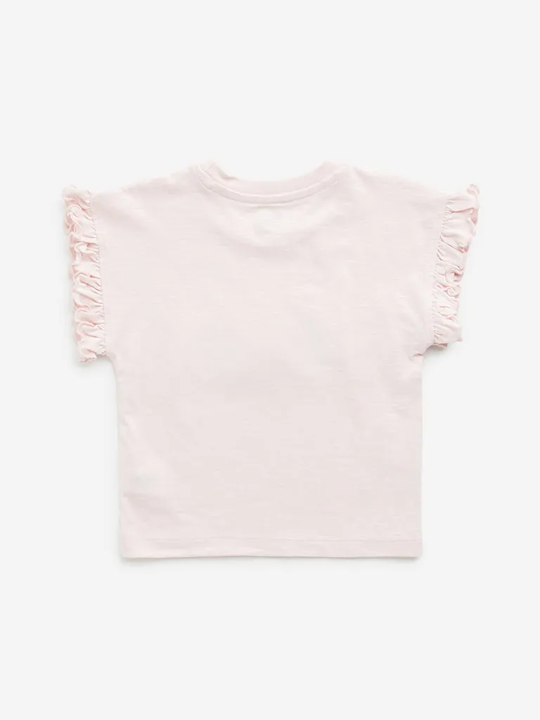 HOP Kids Light Pink Rainbow Embellished Cotton T-Shirt