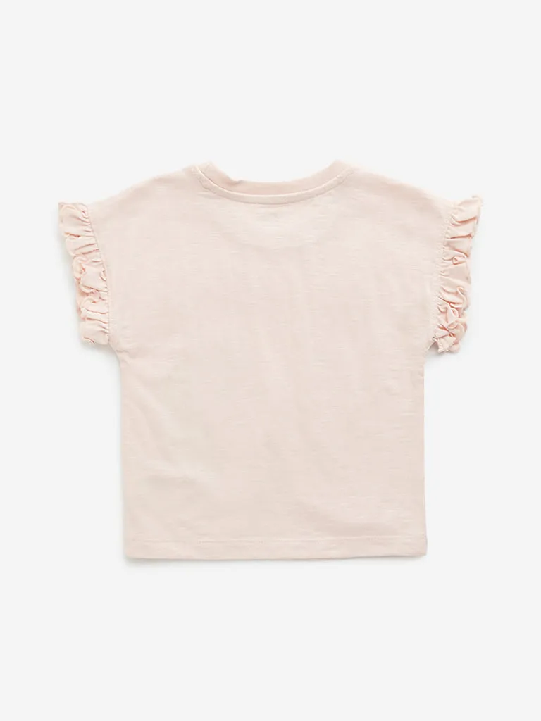 HOP Kids Peach Unicorn Embellished Cotton T-Shirt