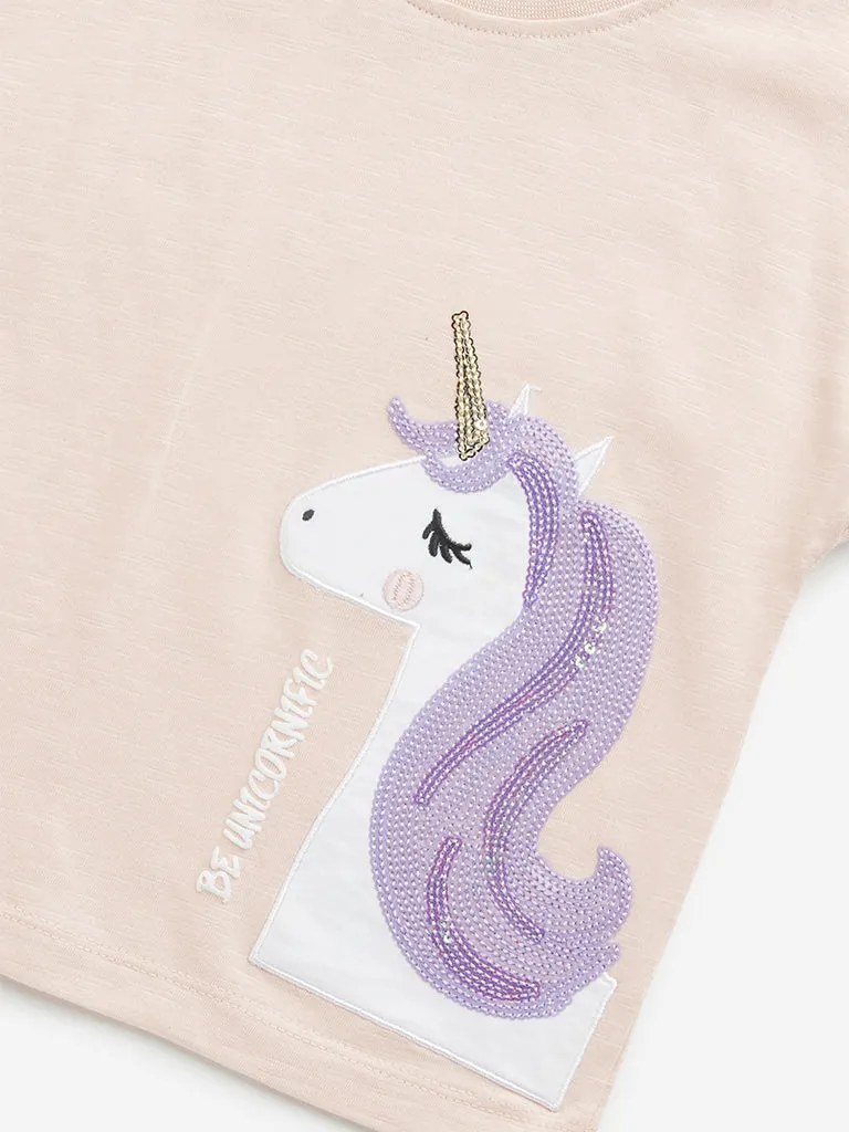 HOP Kids Peach Unicorn Embellished Cotton T-Shirt